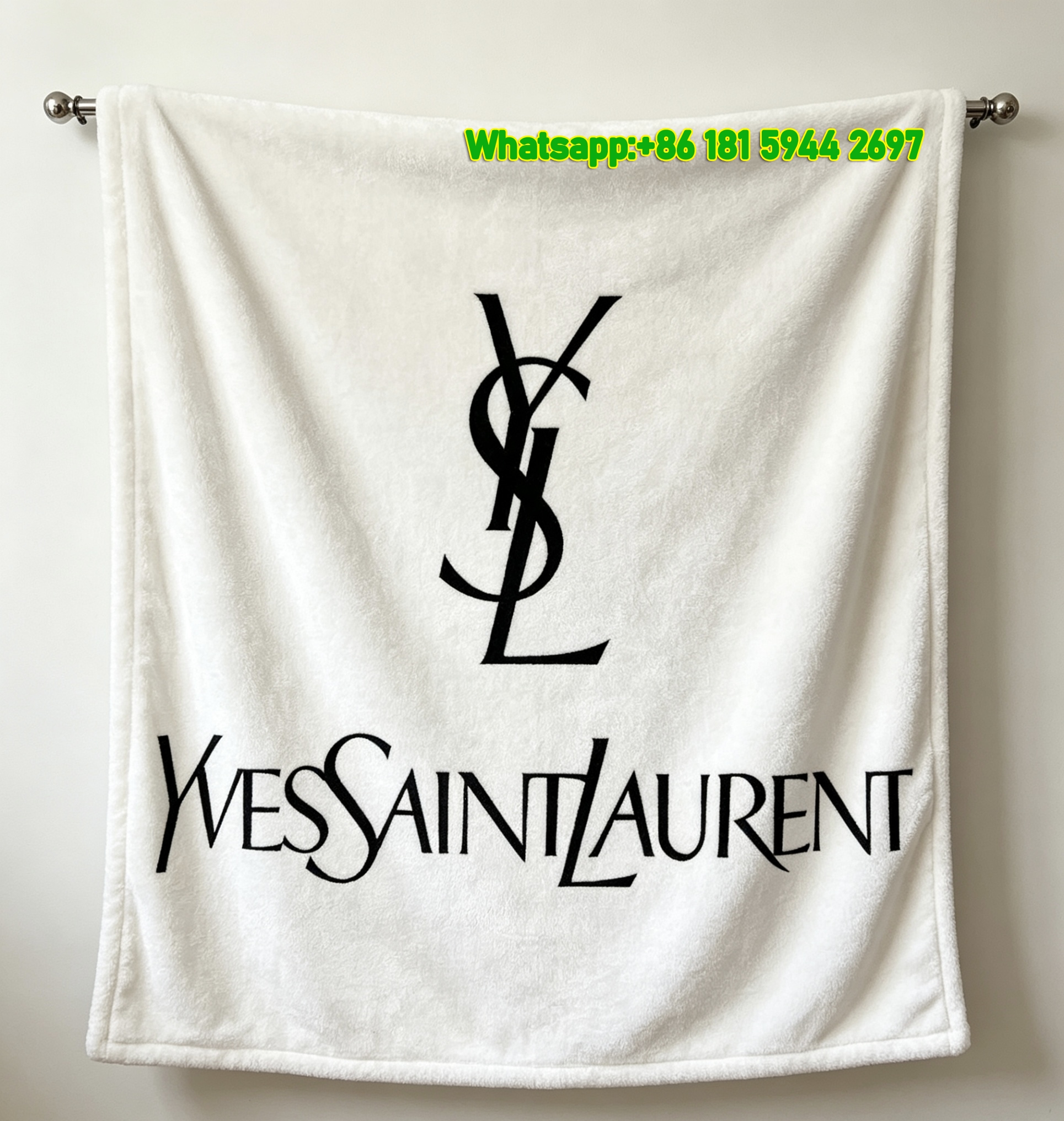 Yves Saint Laurent YSL Black Logo on White Background Printed Fleece Throw Blanket IMG_3193